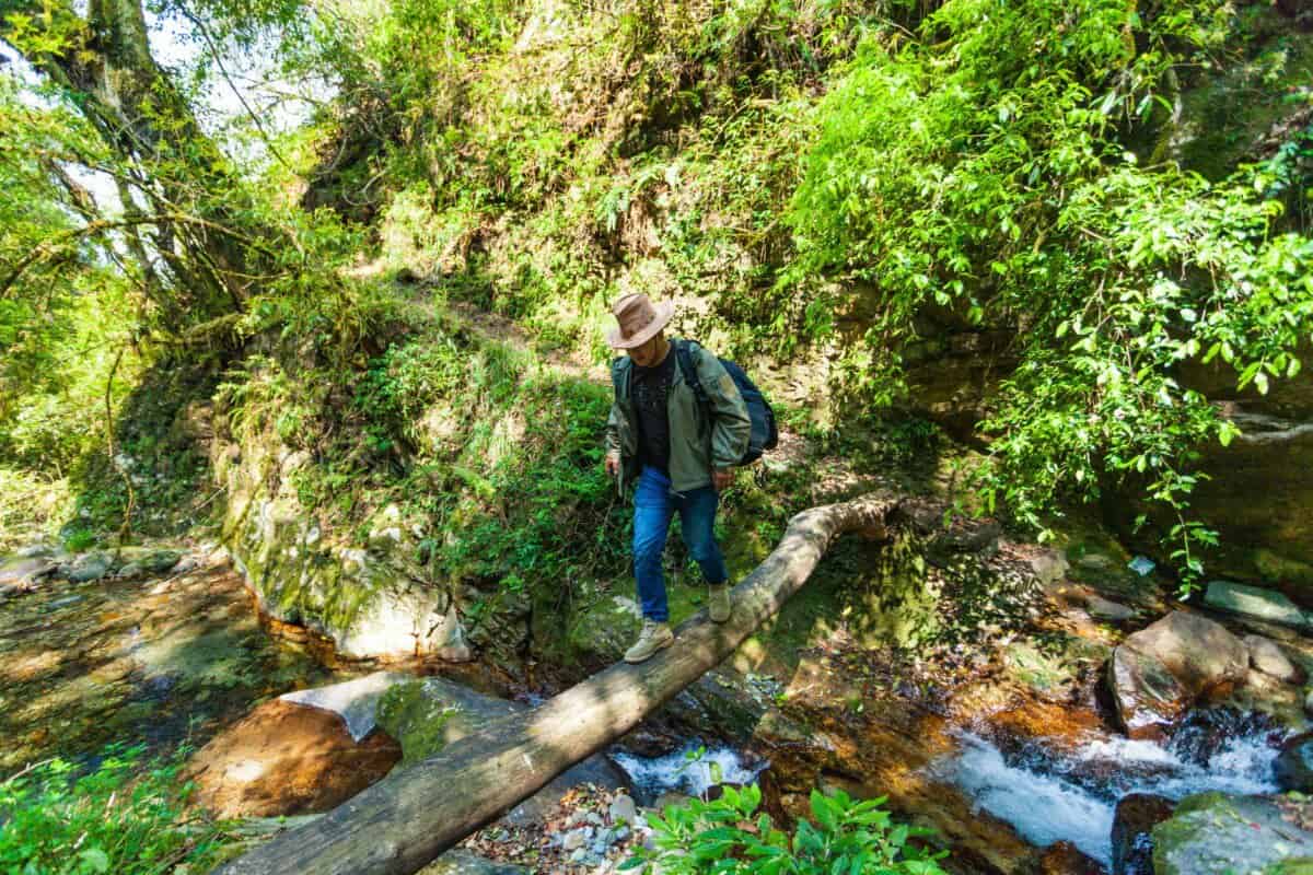 man in black shirt green jacket and blue denim jeans crossing log footbridge over creek